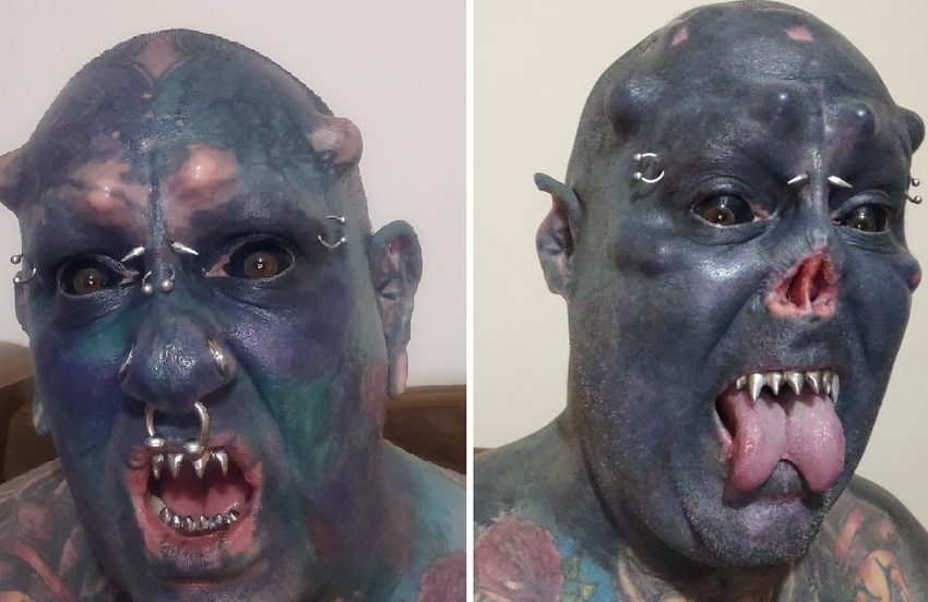  Com 99% do corpo tatuado, homem corta o nariz e vira o ‘Caveira’