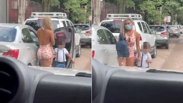  Mulher é alvo de ataques nas redes por usar macaquinho fitness para levar filho a escola