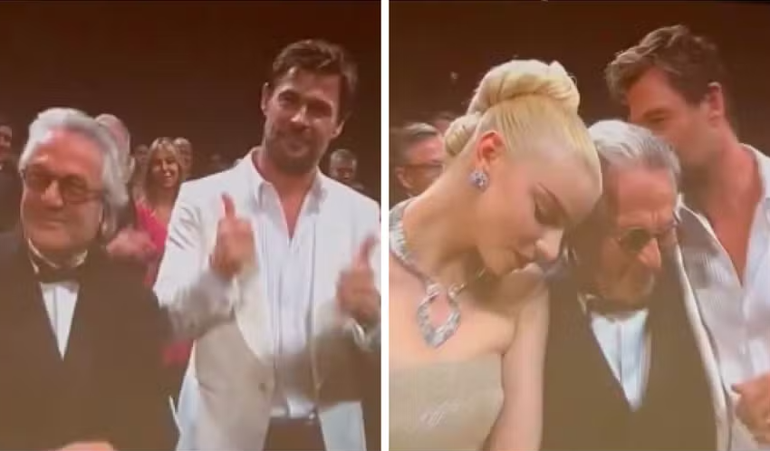  Chris Hemsworth se emociona, segura choro e beija cocuruto de diretor com 6 minutos de aplausos para novo ‘Mad Max’ em Cannes